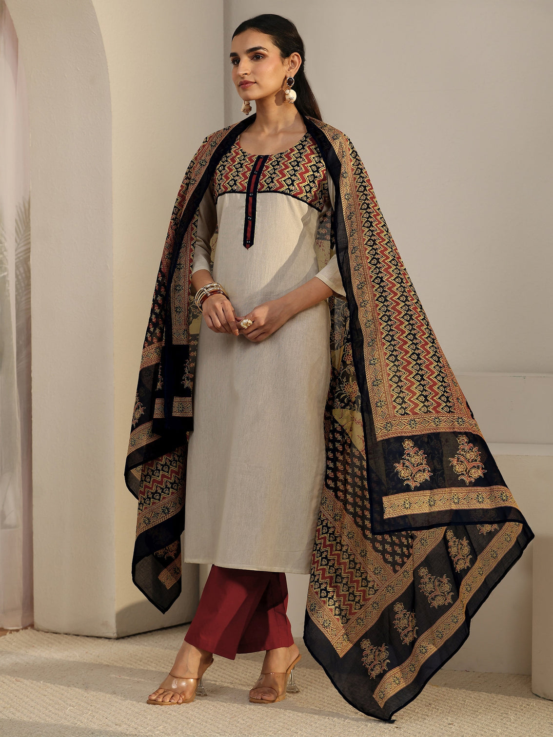 Mameraa Off White Chevron Cotton Blend Straight Suit Set