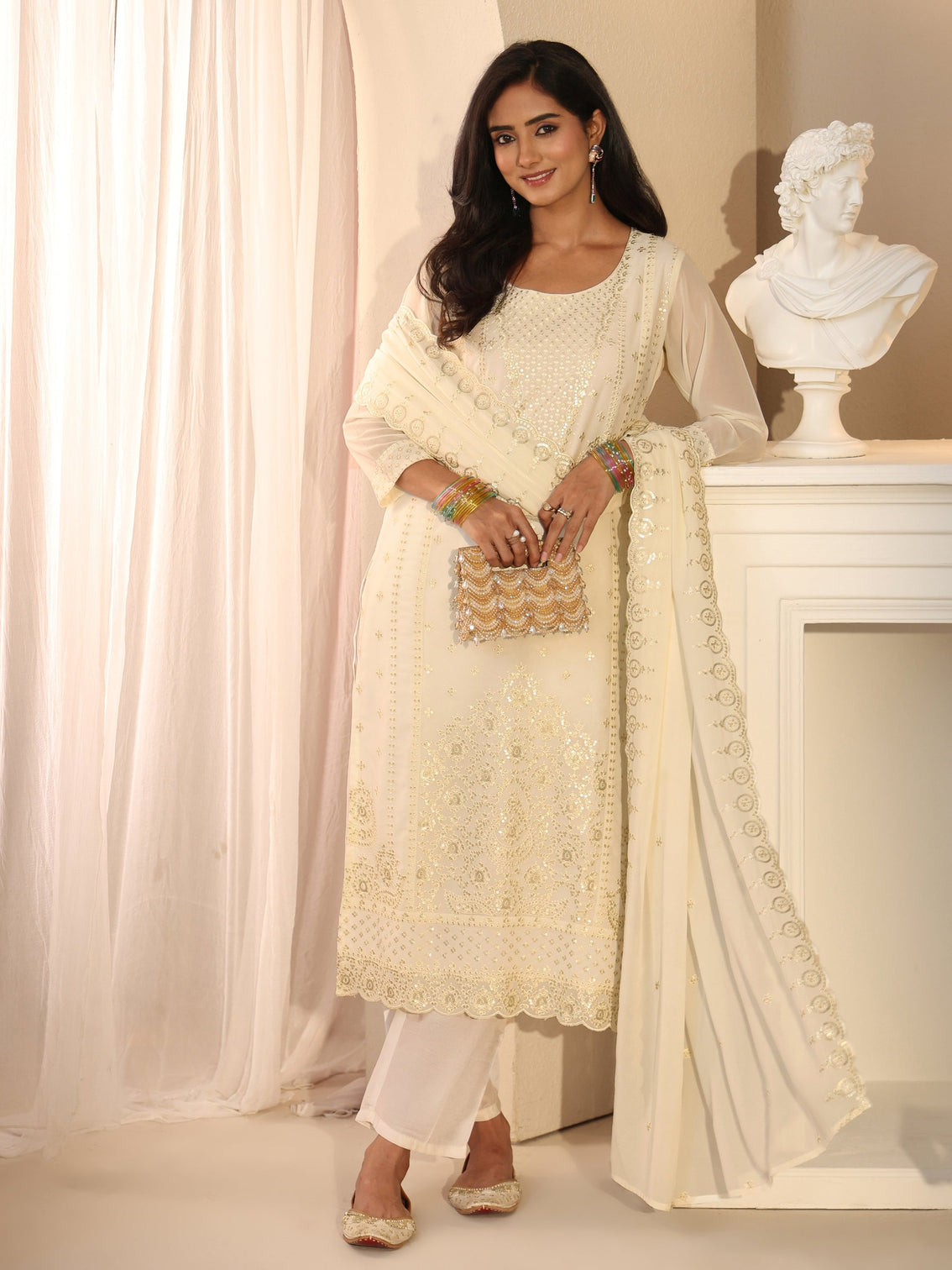 Mameraa Off White Embroidered Georgette Straight Suit Set