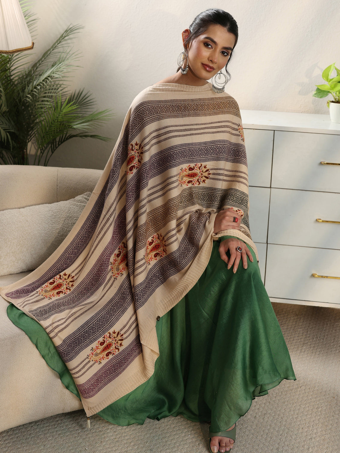 Mameraa Off White Ethnic Embroidered Acrylic Wrap Shawl