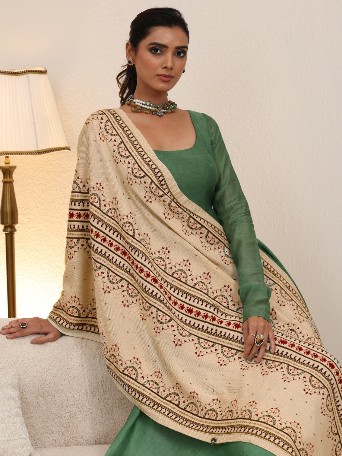 Mameraa Off White Ethnic Knitted Acrylic Wrap Shawl