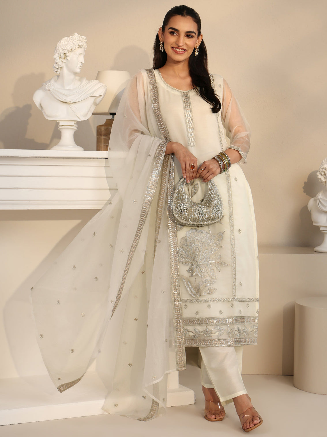 Mameraa Off White Floral Embellished Organza Straight Suit Set
