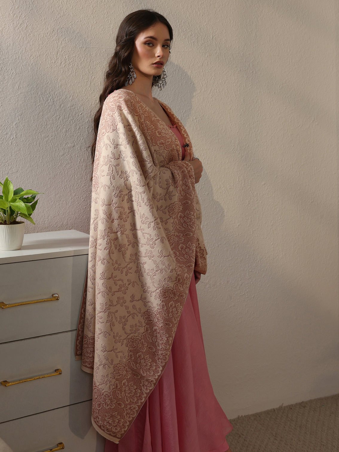 Mameraa Off White Floral Embroidered Acrylic Wrap Shawl