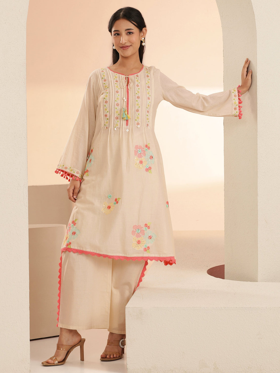 Mameraa Off White Floral Embroidered Cotton A-Line Kurta Set