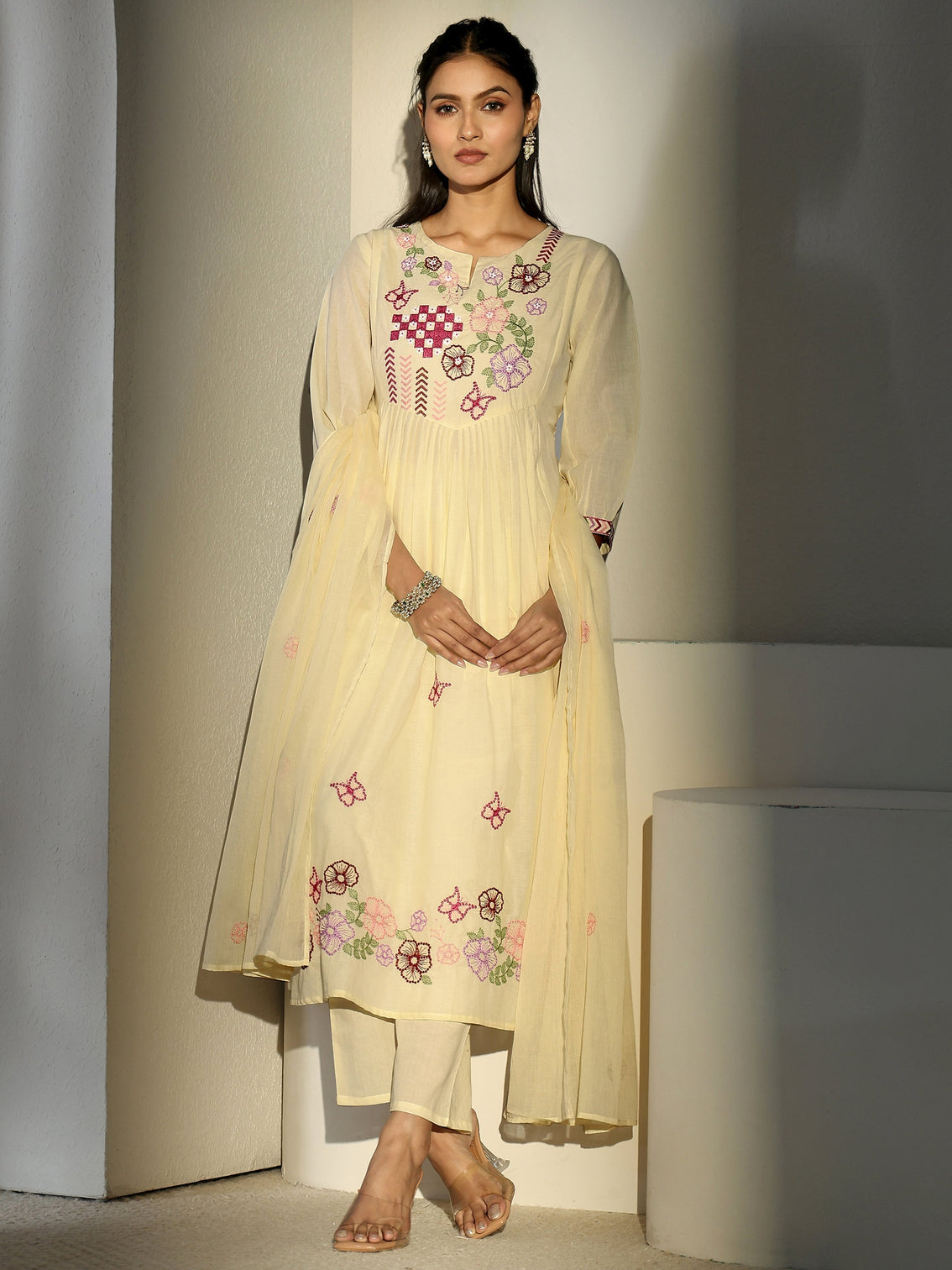 Mameraa Off White Floral Embroidered Cotton A-Line Suit Set