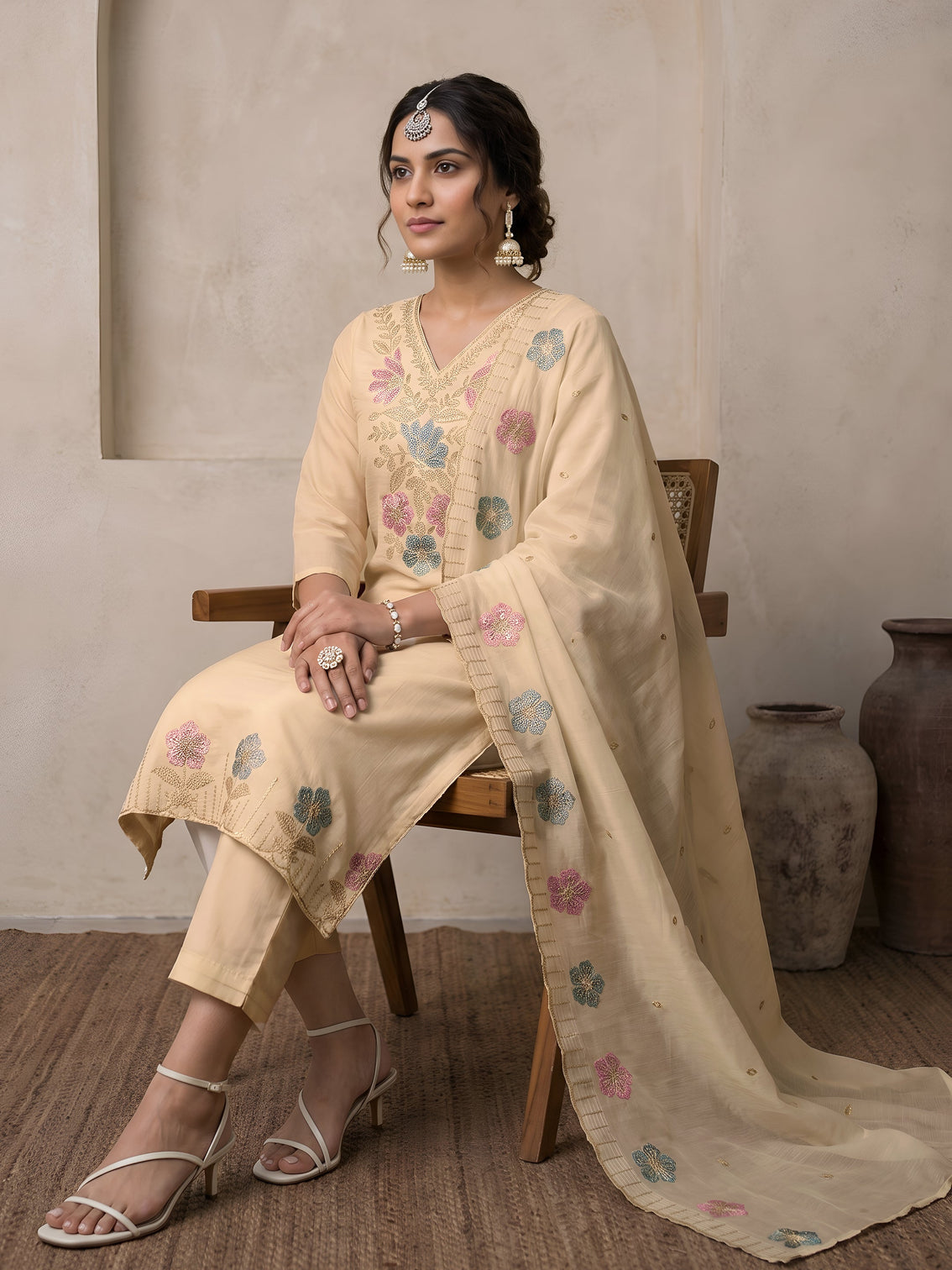 Mameraa Off White Floral Embroidered Silk Blend Straight Suit Set