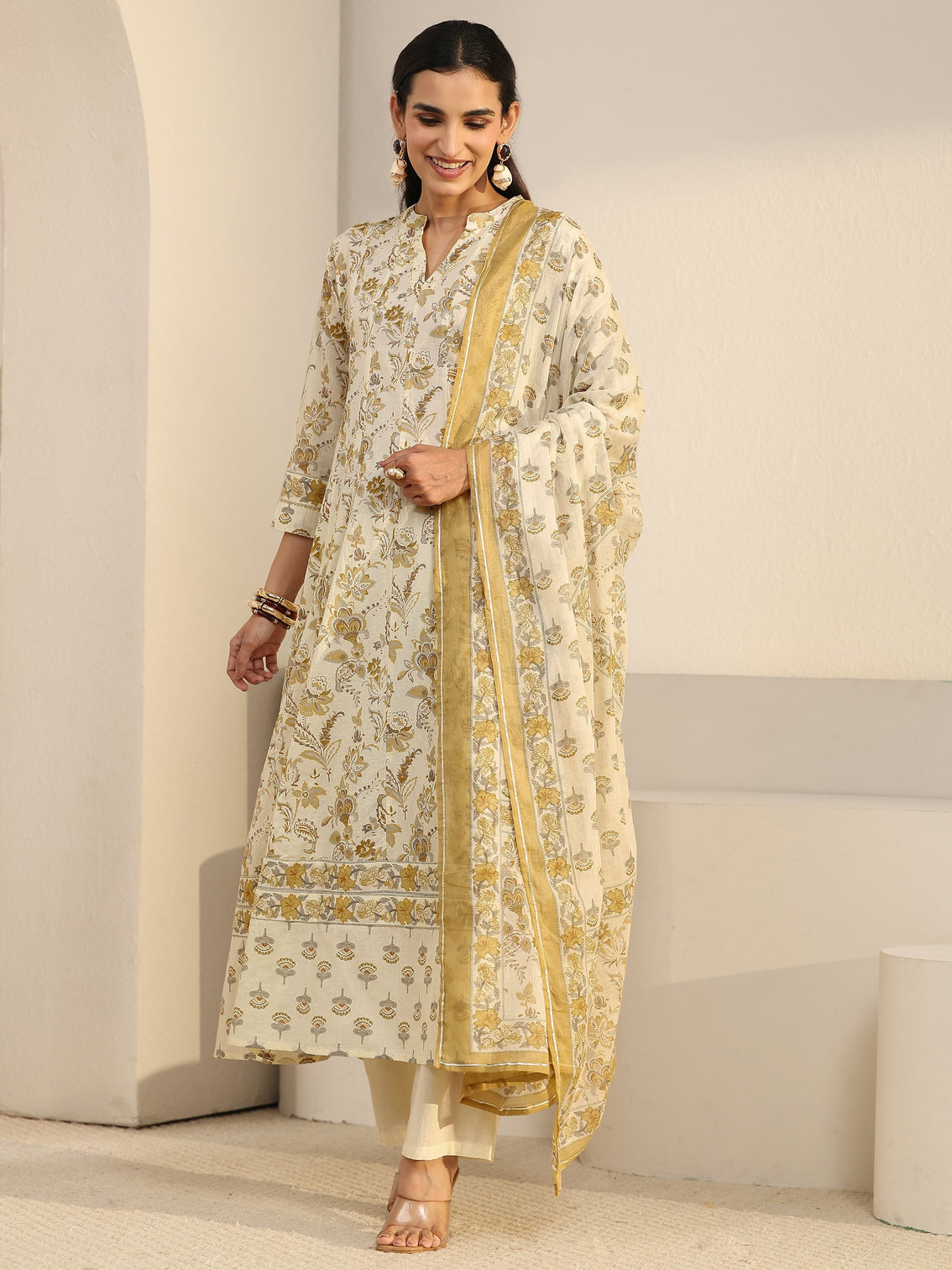 Mameraa Off White Floral Printed Cotton Anarkali Suit Set