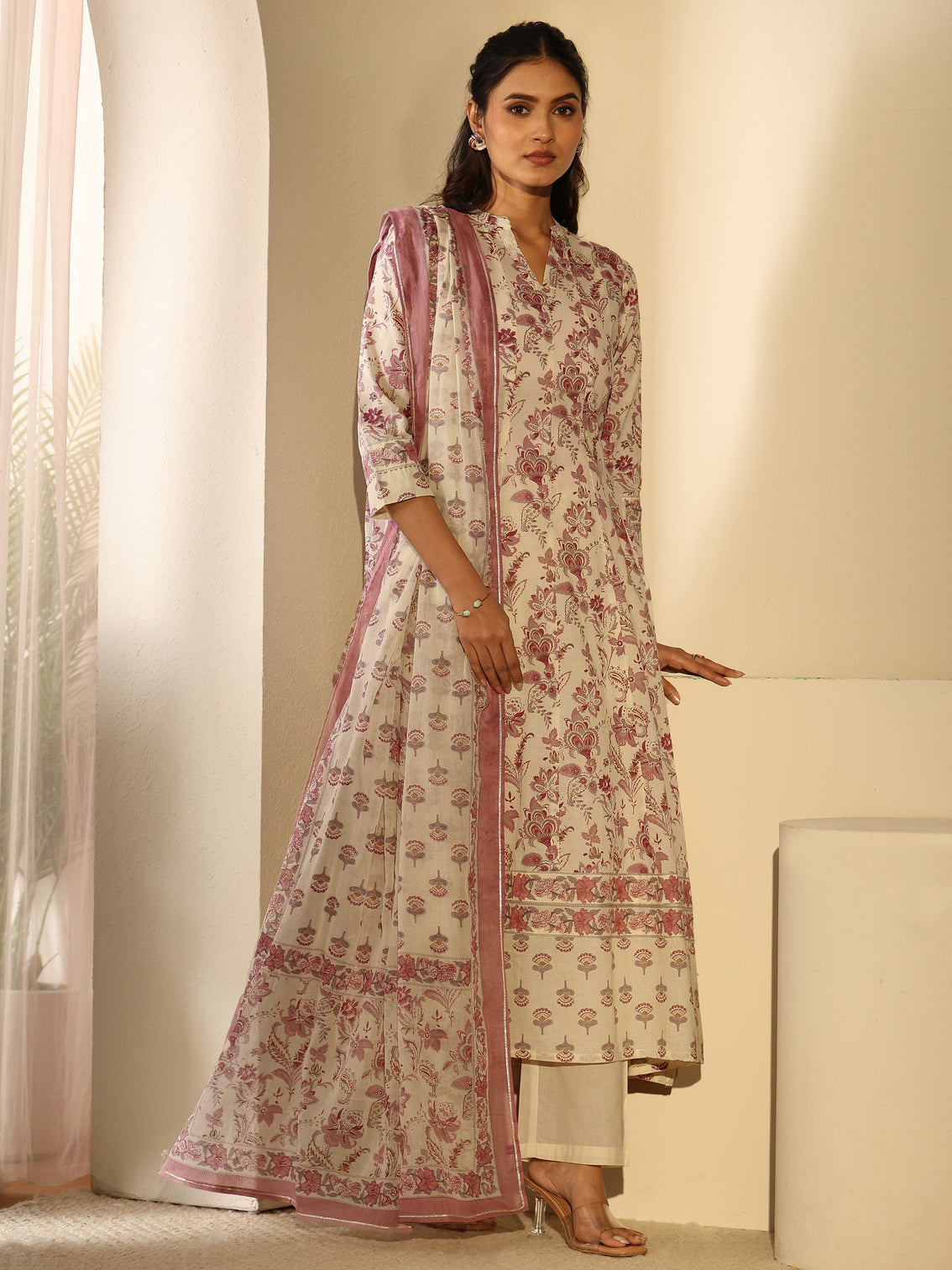 Mameraa Off White Floral Printed Cotton Anarkali Suit Set