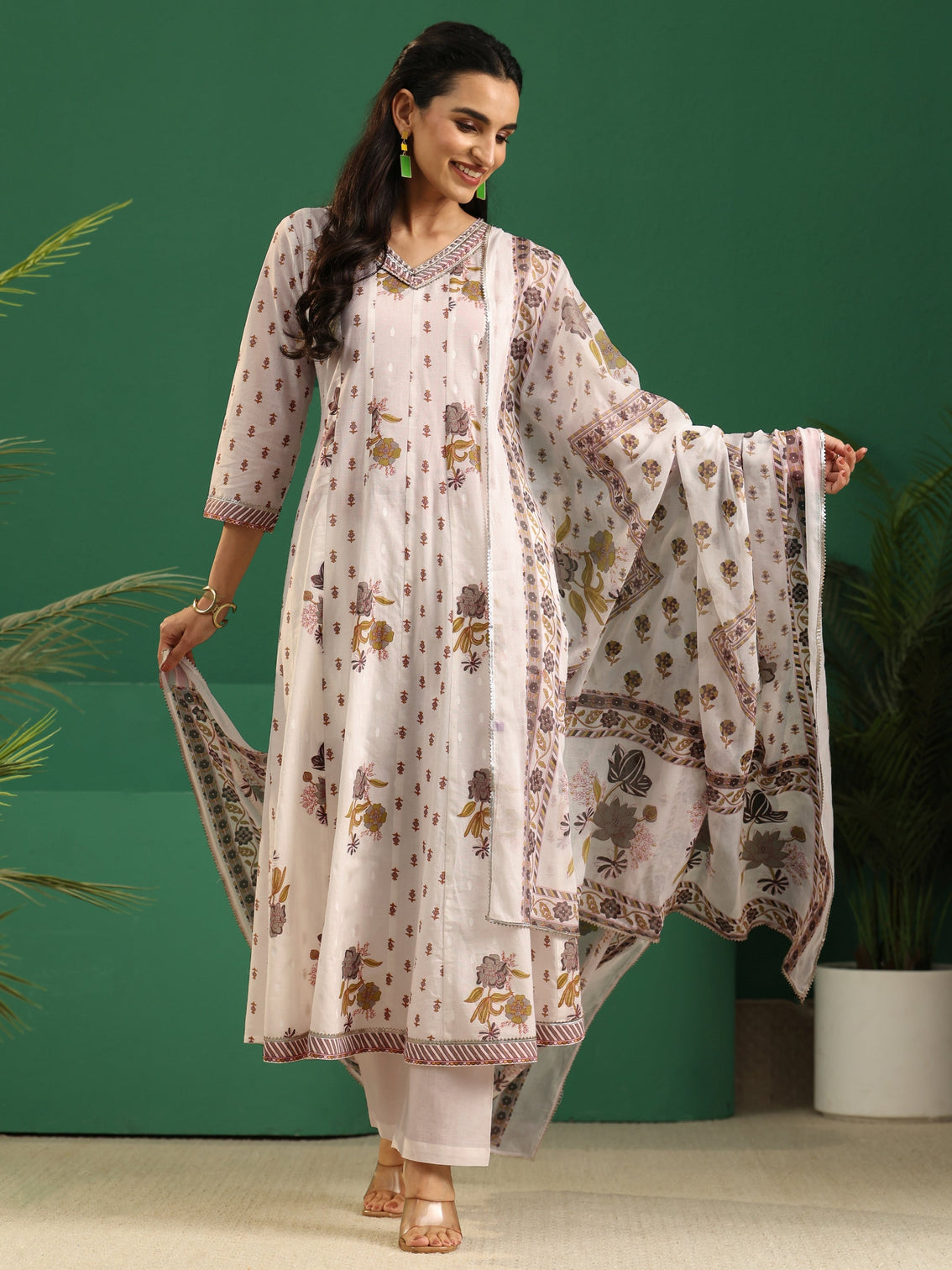 Mameraa Off White Floral Printed Cotton Anarkali Suit Set