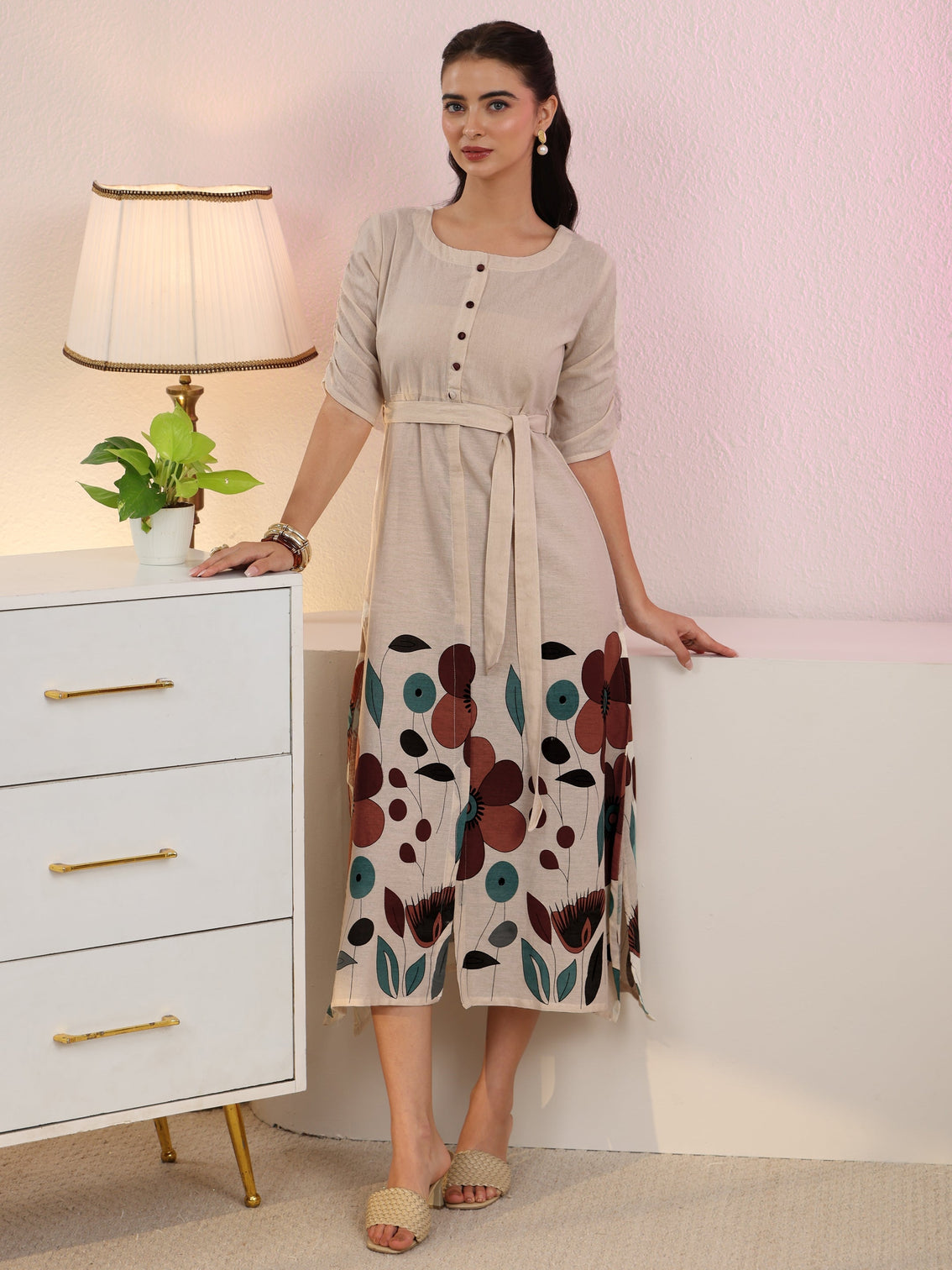 Mameraa Off White Floral Printed Cotton Blend A-Line Dress