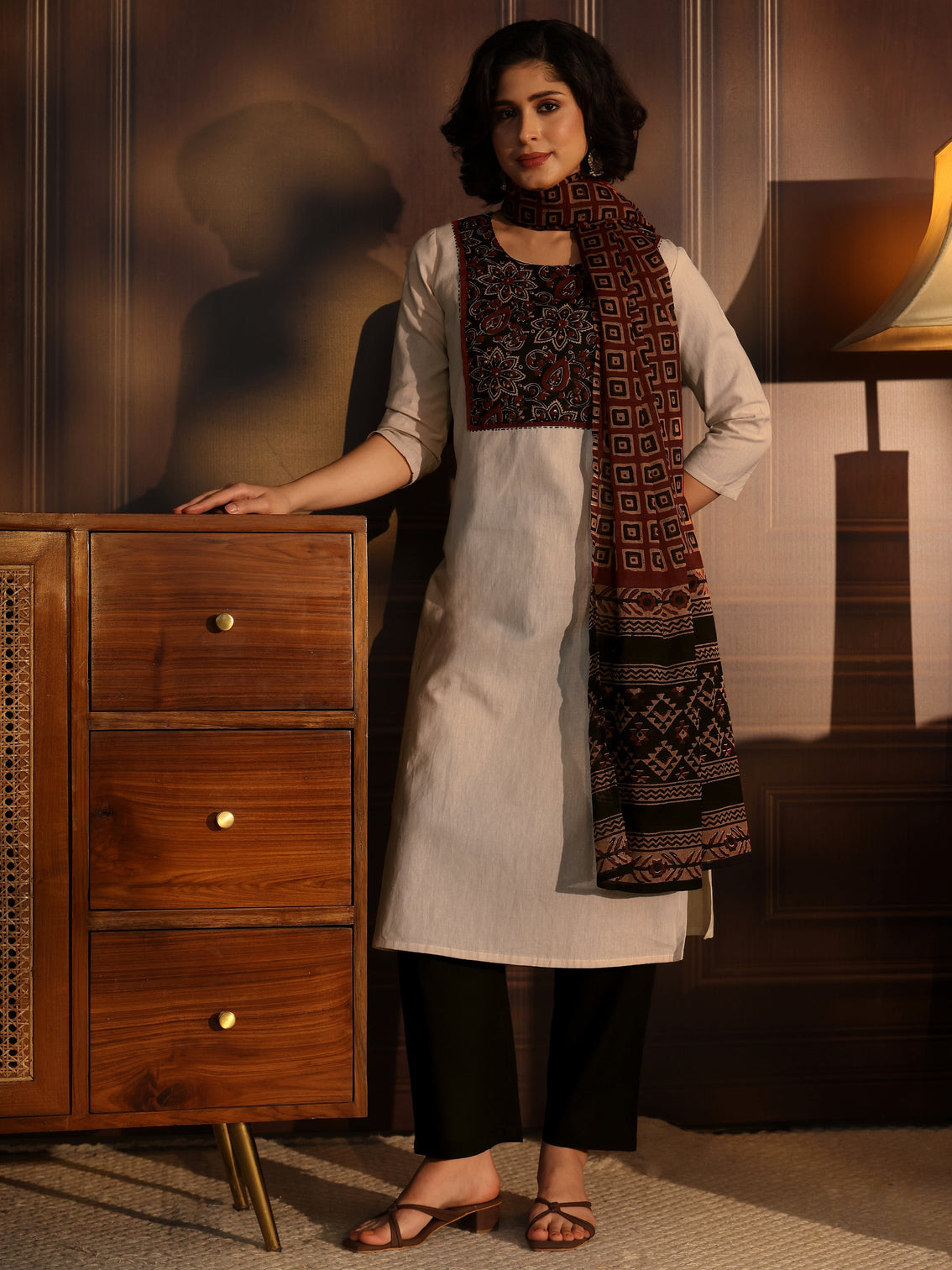 Mameraa Off White Floral Printed Cotton Blend Straight Suit Set