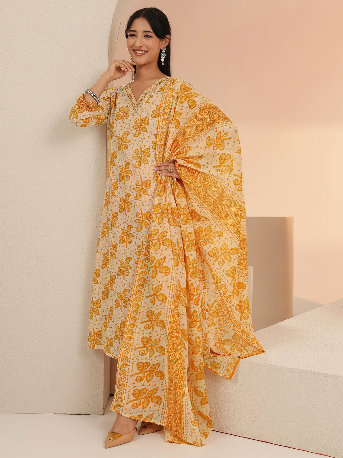 Mameraa Off White Floral Printed Cotton Straight Suit Set