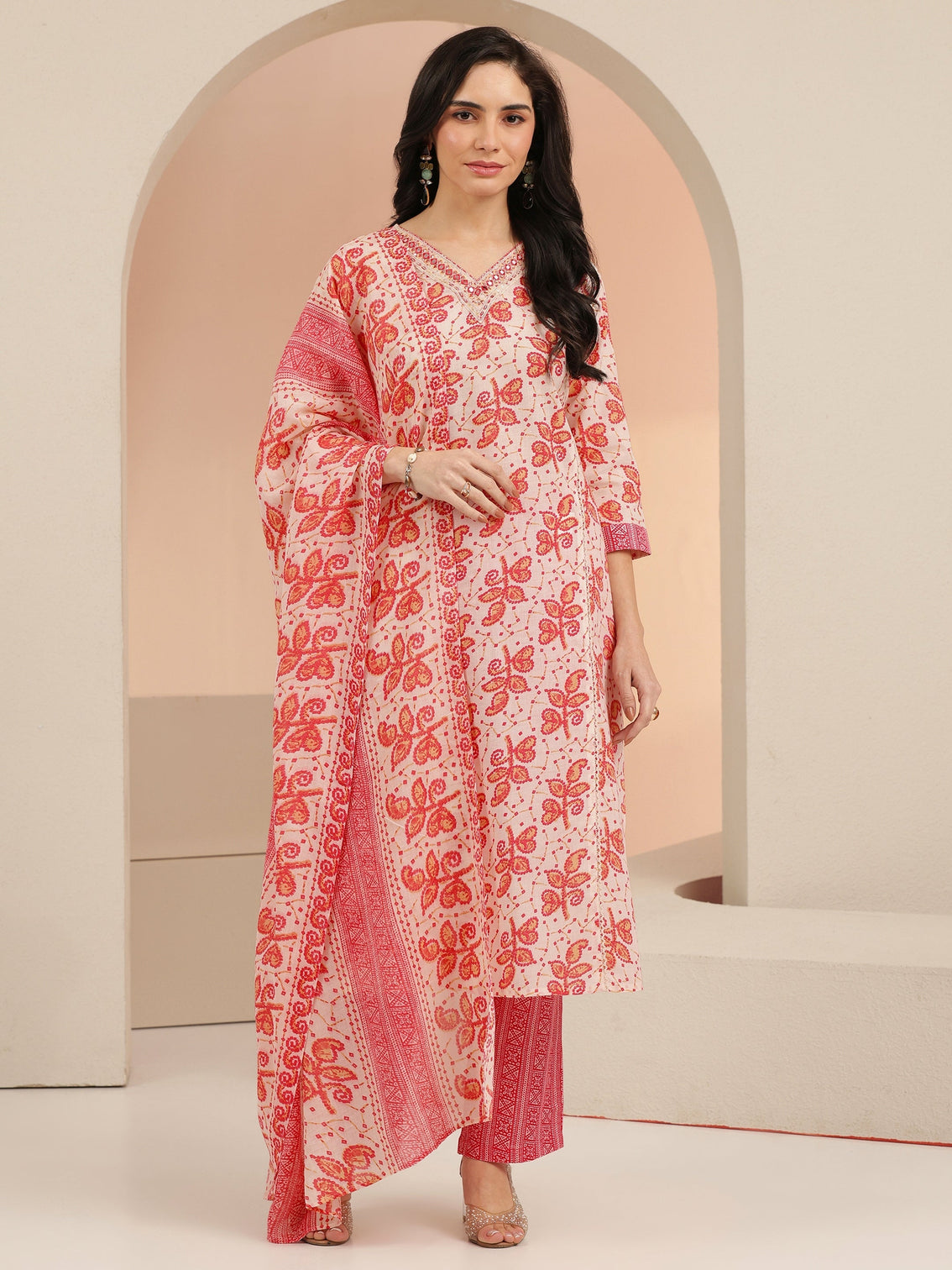 Mameraa Off White Floral Printed Cotton Straight Suit Set