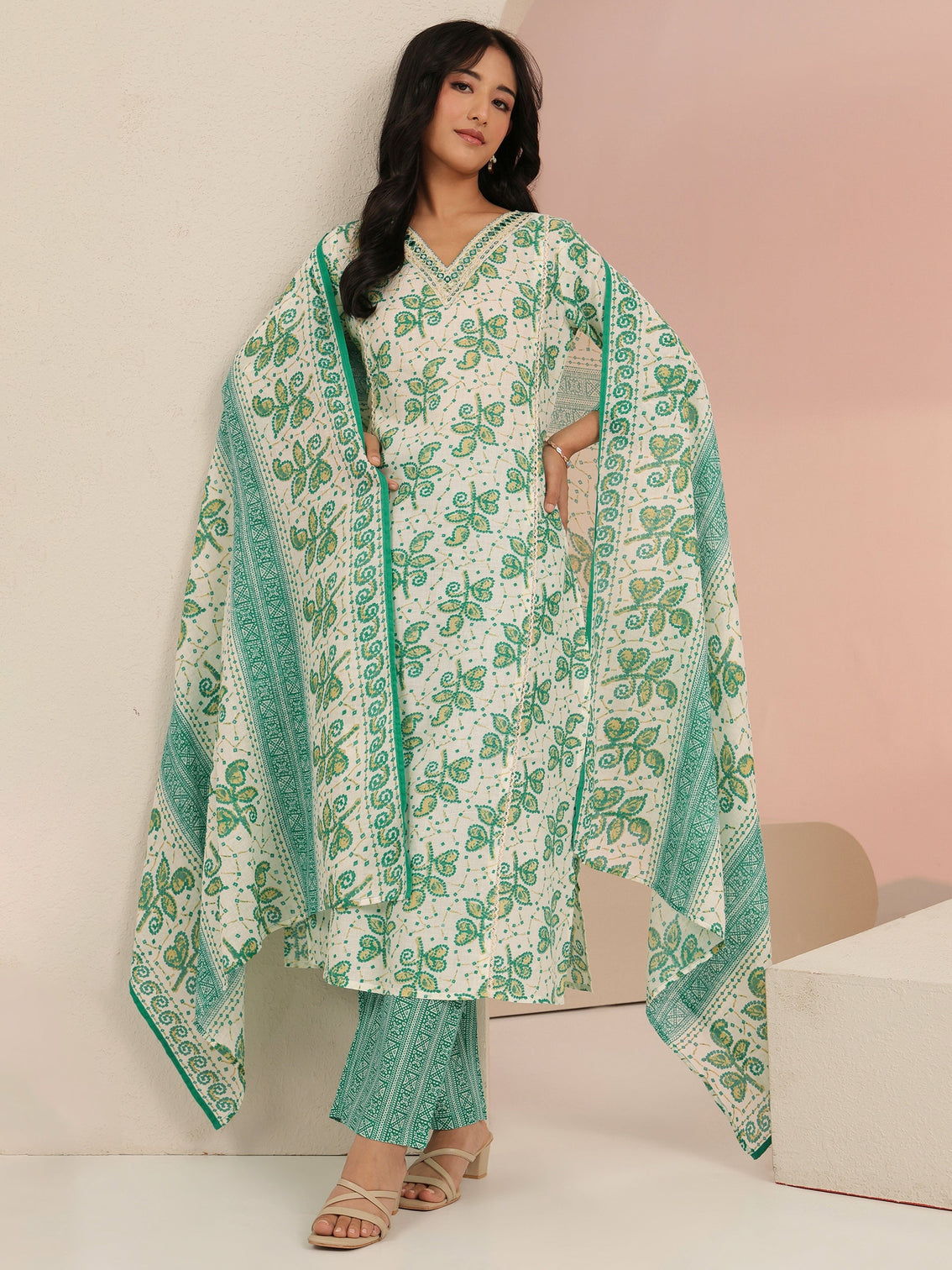 Mameraa Off White Floral Printed Cotton Straight Suit Set