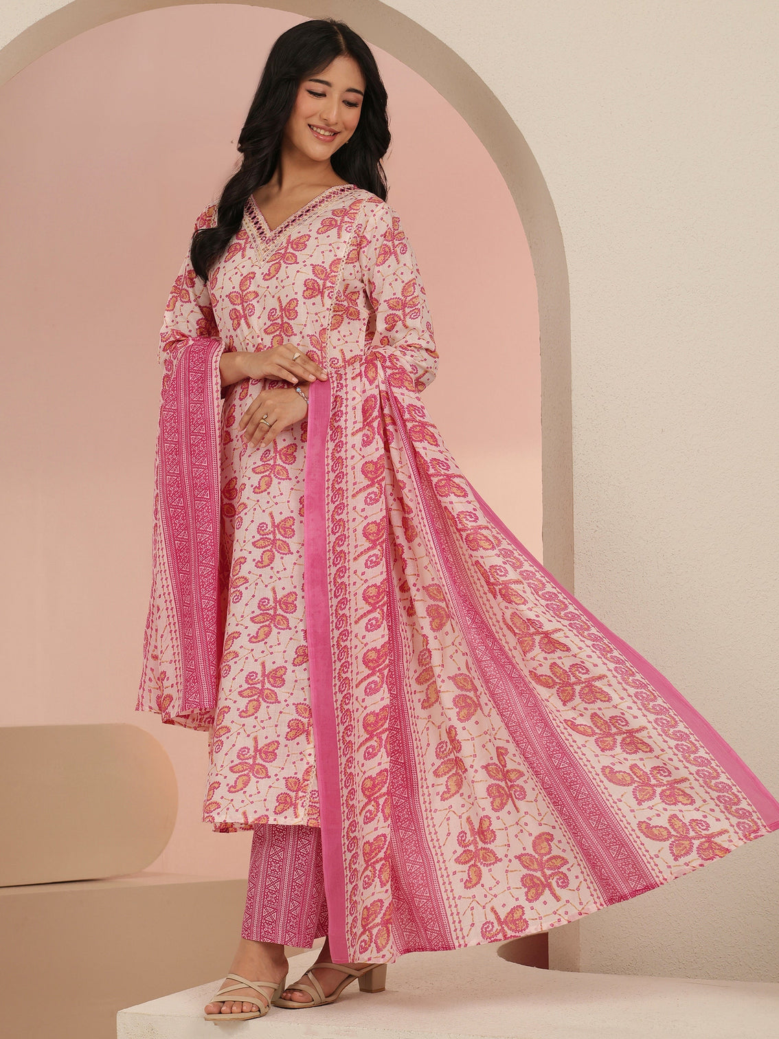 Mameraa Off White Floral Printed Cotton Straight Suit Set