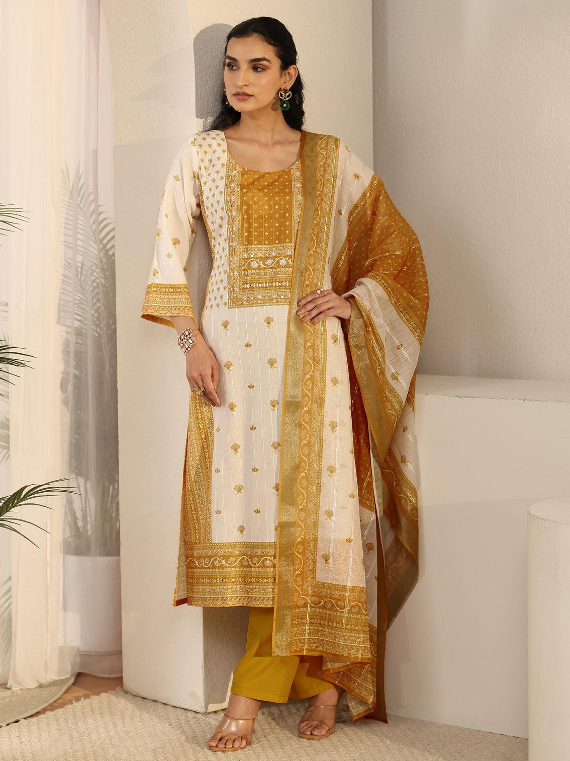 Mameraa Off White Floral Printed Linen Straight Suit Set