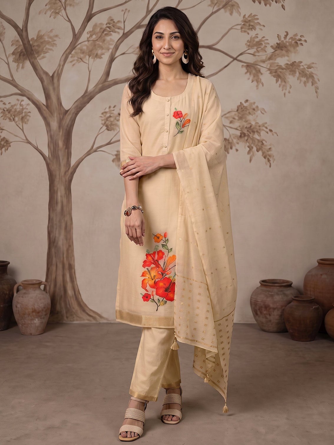 Mameraa Off White Floral Woven Design Cotton Straight Suit Set
