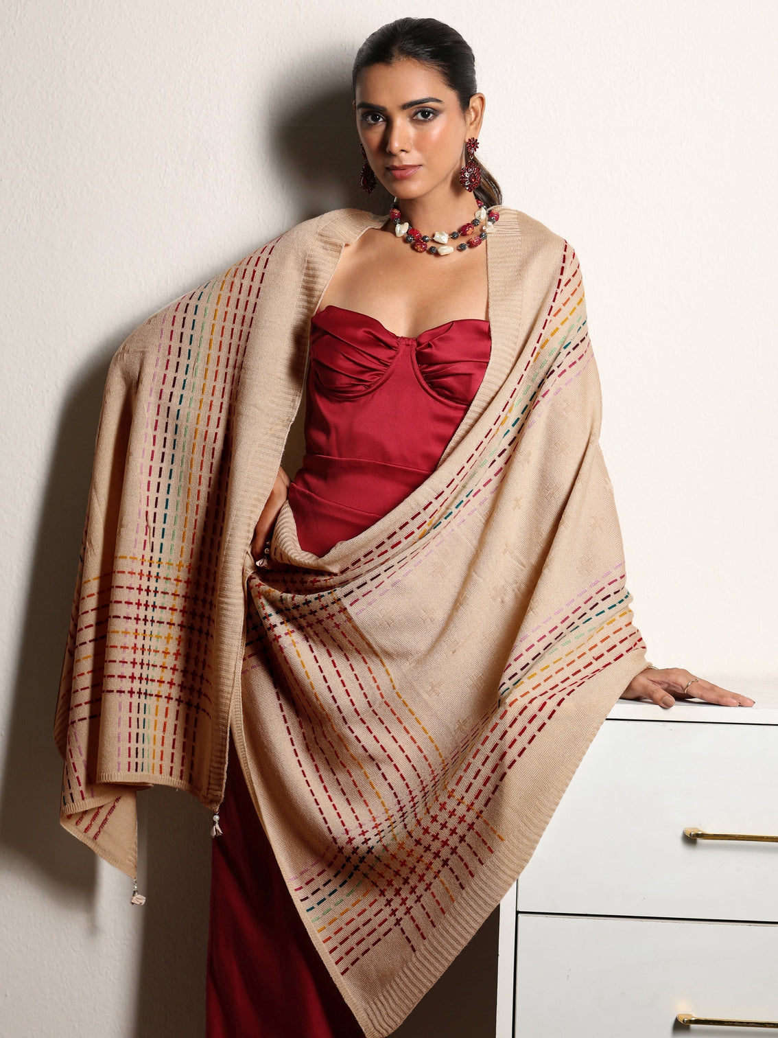 Mameraa Off White Geometric Knitted Acrylic Shawl