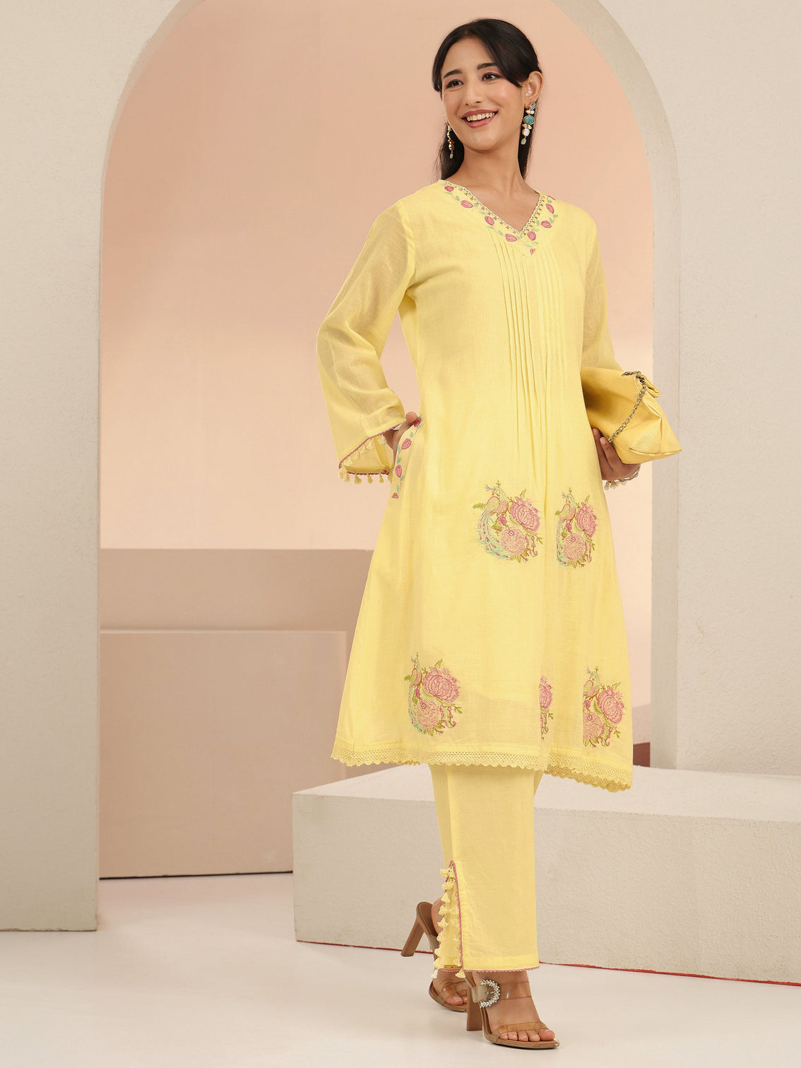 Mameraa Off White Peacock Motif Cotton A-Line Kurta Set