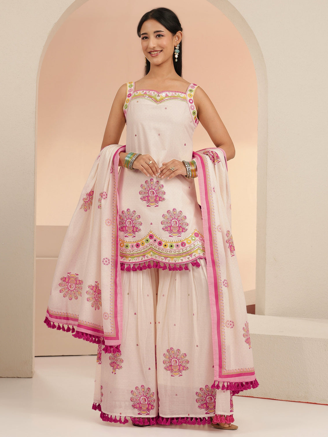 Mameraa Off White Printed Cotton Sharara Suit Set with Tassel Details