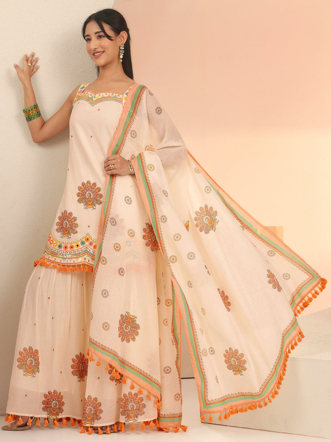 Mameraa Off White Printed Cotton Sharara Suit Set with Tassel Details