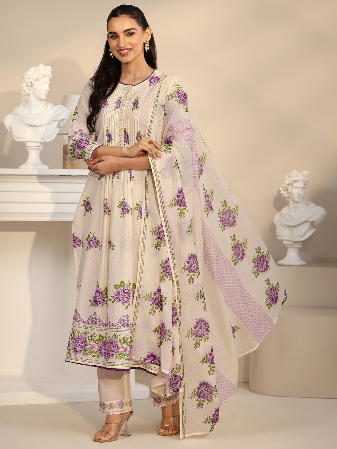 Mameraa Off White Rose Print Cotton Straight Suit Set