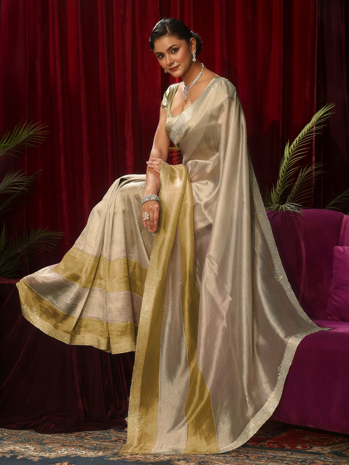Mameraa Off White Stone Work Tissue Saree