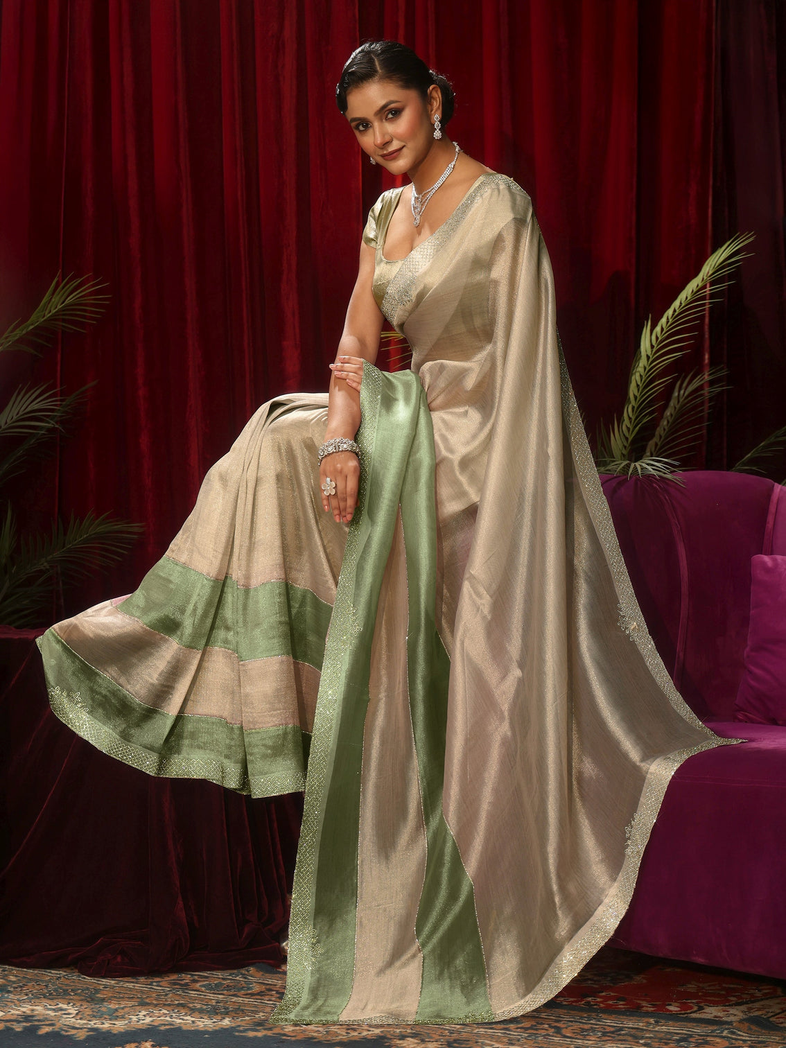 Mameraa Off White Stone Work Tissue Saree