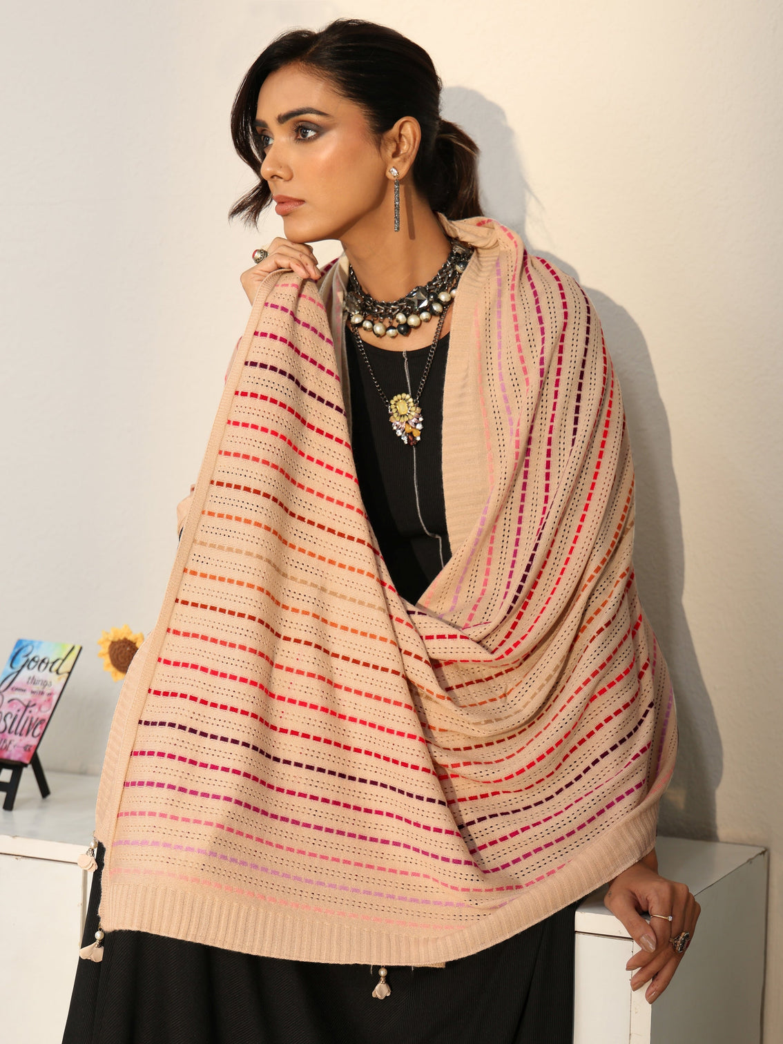 Mameraa Off White Striped Knitted Acrylic Shawl