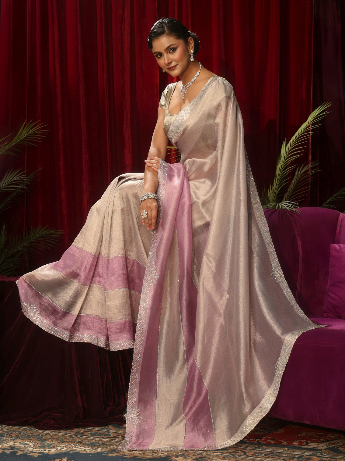 Mameraa Off White Tissue Saree with Embellished Border