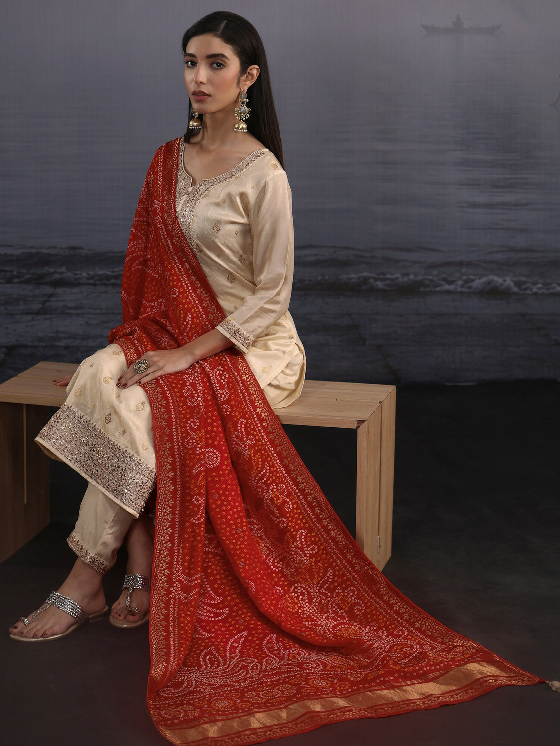 Mameraa Off White Woven Design Silk Blend Straight Suit Set