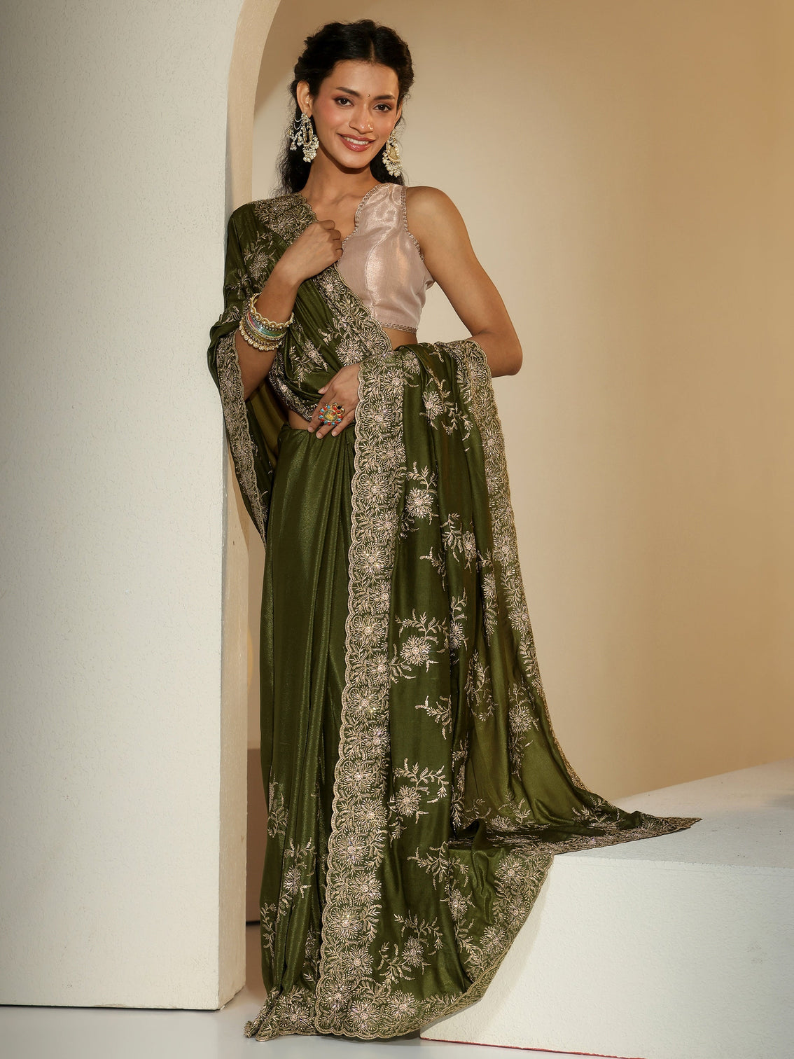 Mameraa Olive Geen Floral Embroidered Satin Saree