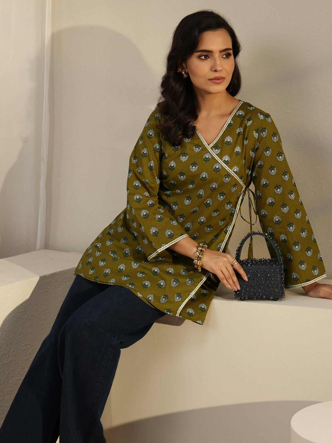 Mameraa Olive Green Angrakha Floral Printed Cotton Short Kurti