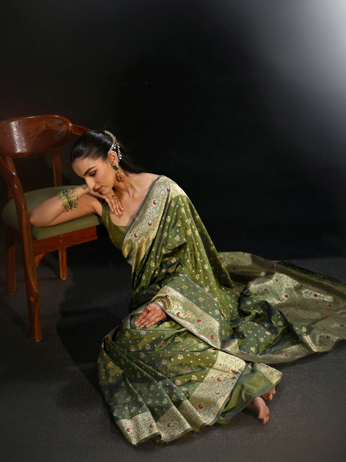 Mameraa Olive Green Banarasi Silk Blend Saree