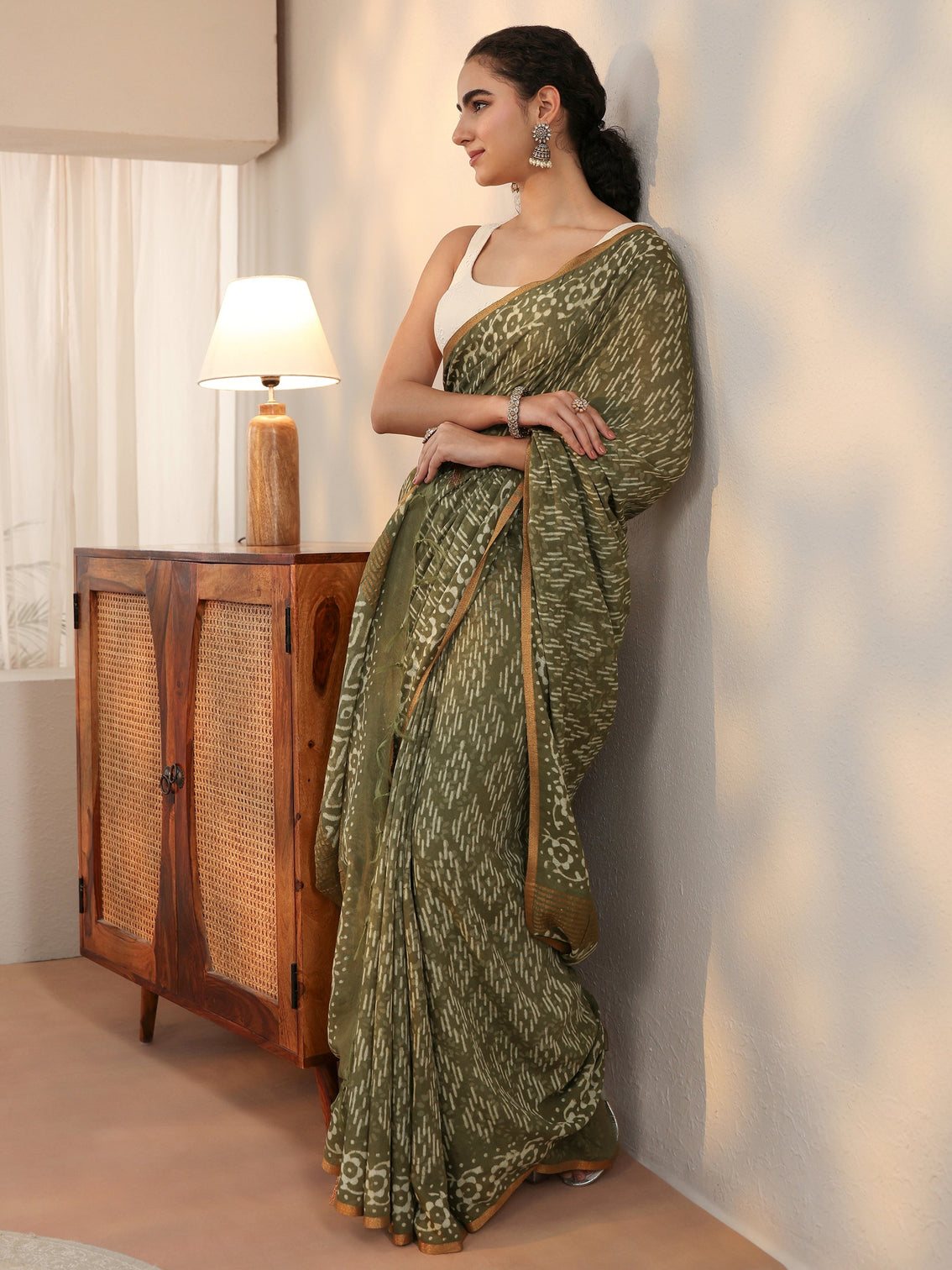 Mameraa Olive Green Batik Printed Cotton Saree