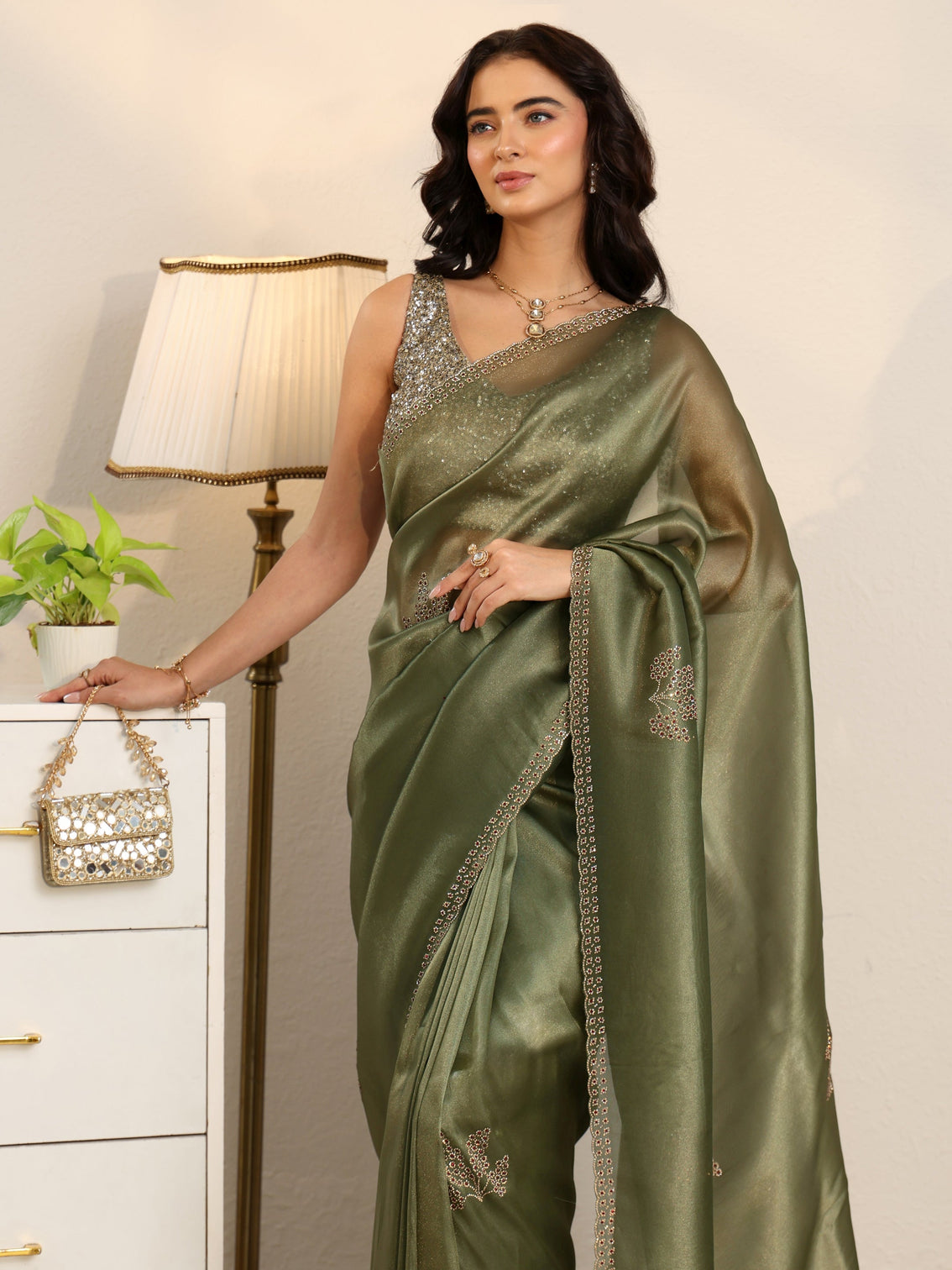 Mameraa Olive Green Embellished Organza Saree