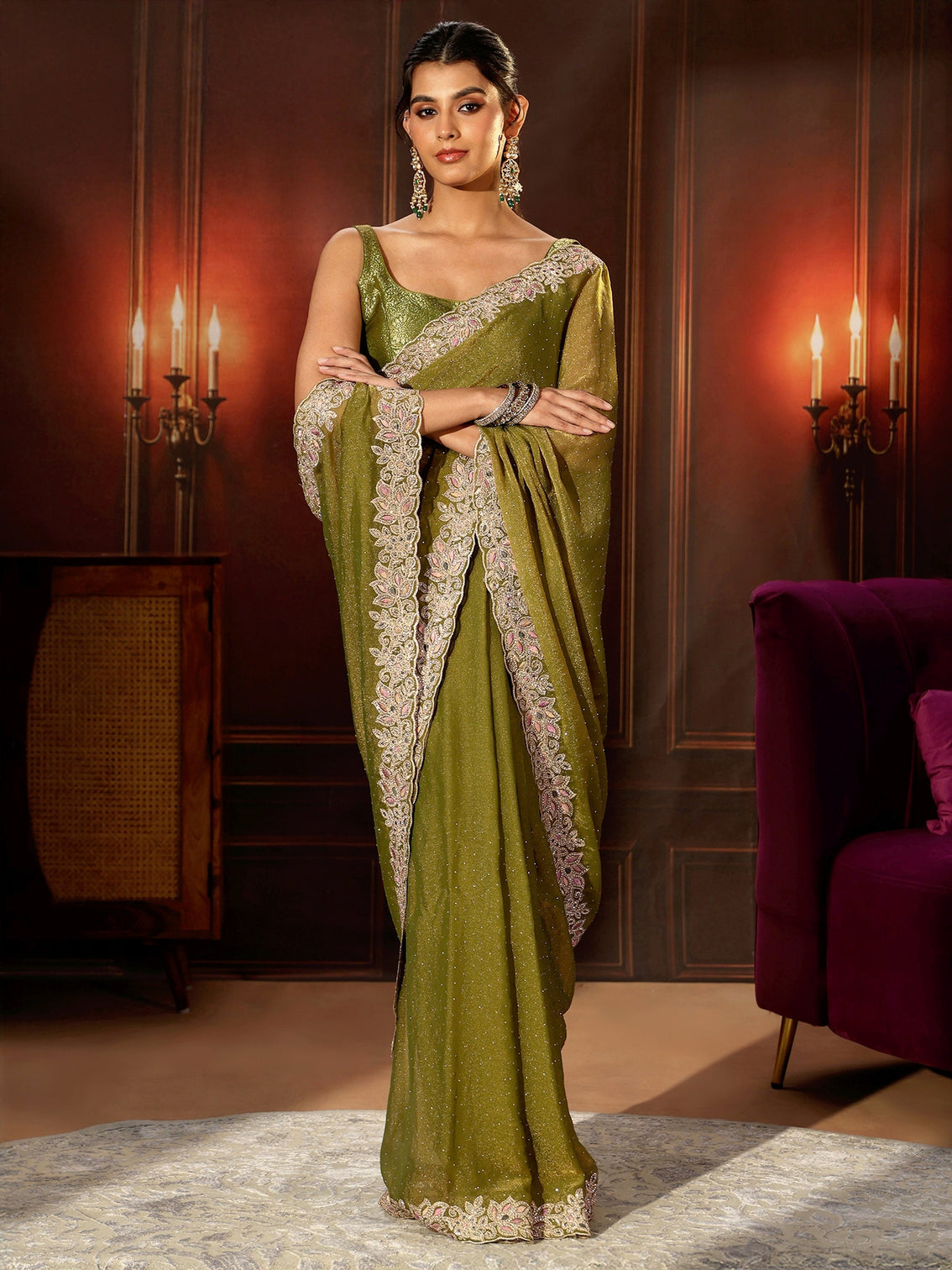 Mameraa Olive Green Embellished Tissue Saree with Floral Border
