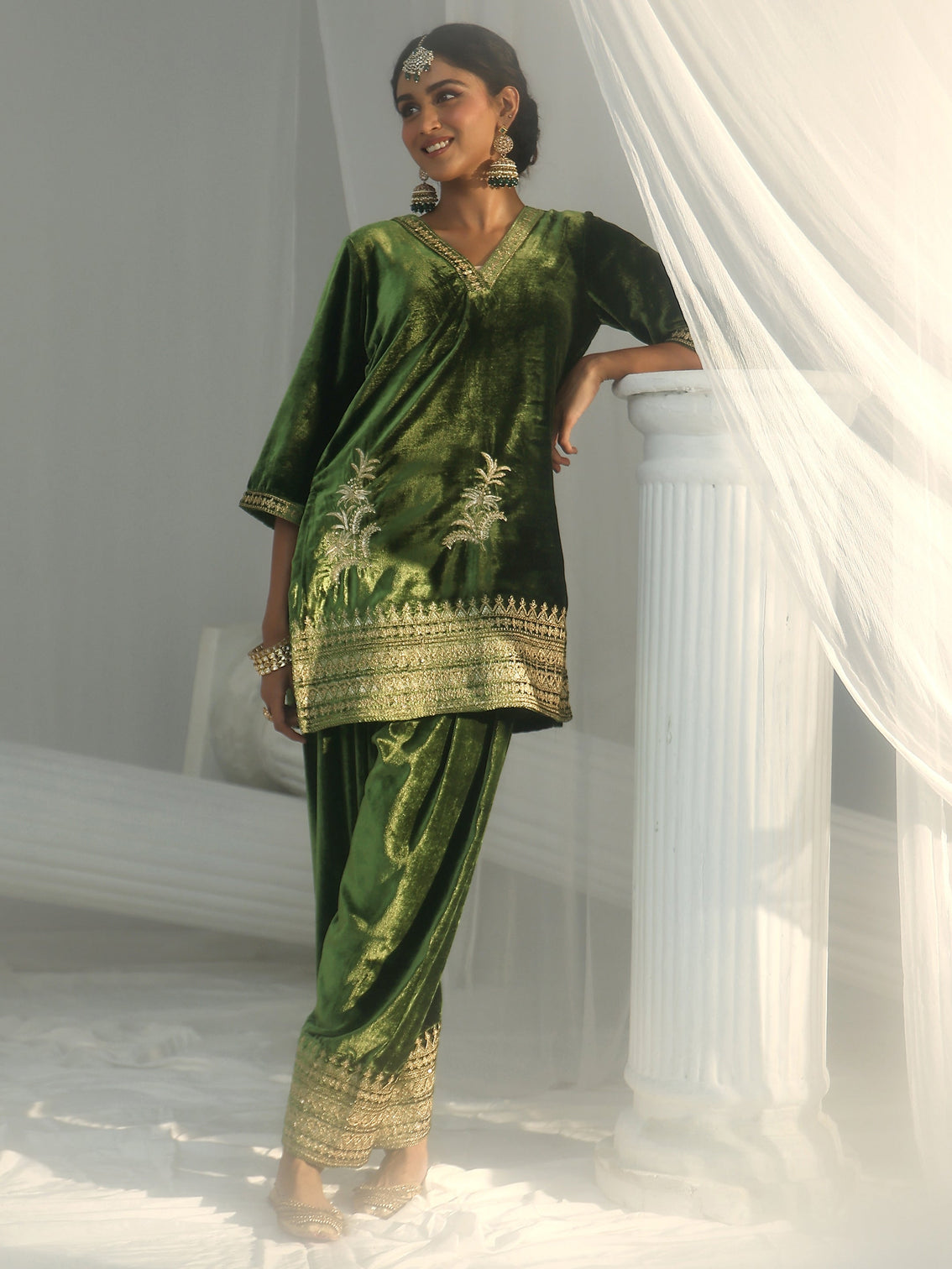 Mameraa Olive Green Embroidered Velvet Co-Ord Set