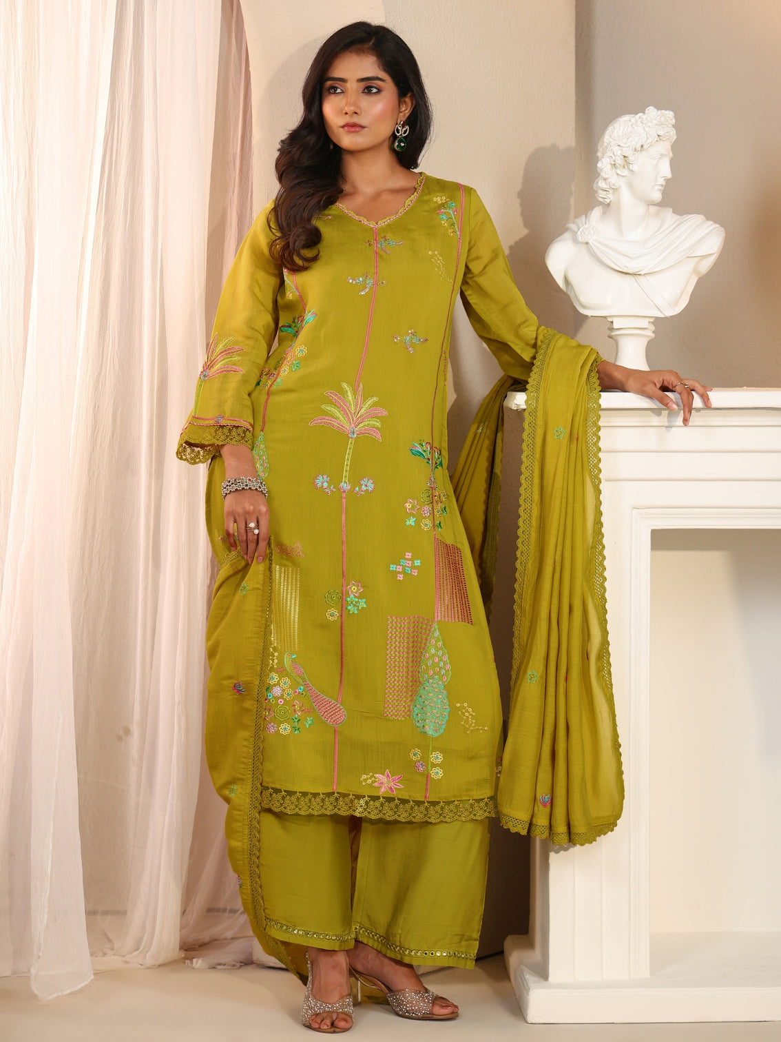 Mameraa Olive Green Floral Embroidered Chanderi Cotton Straight Suit Set