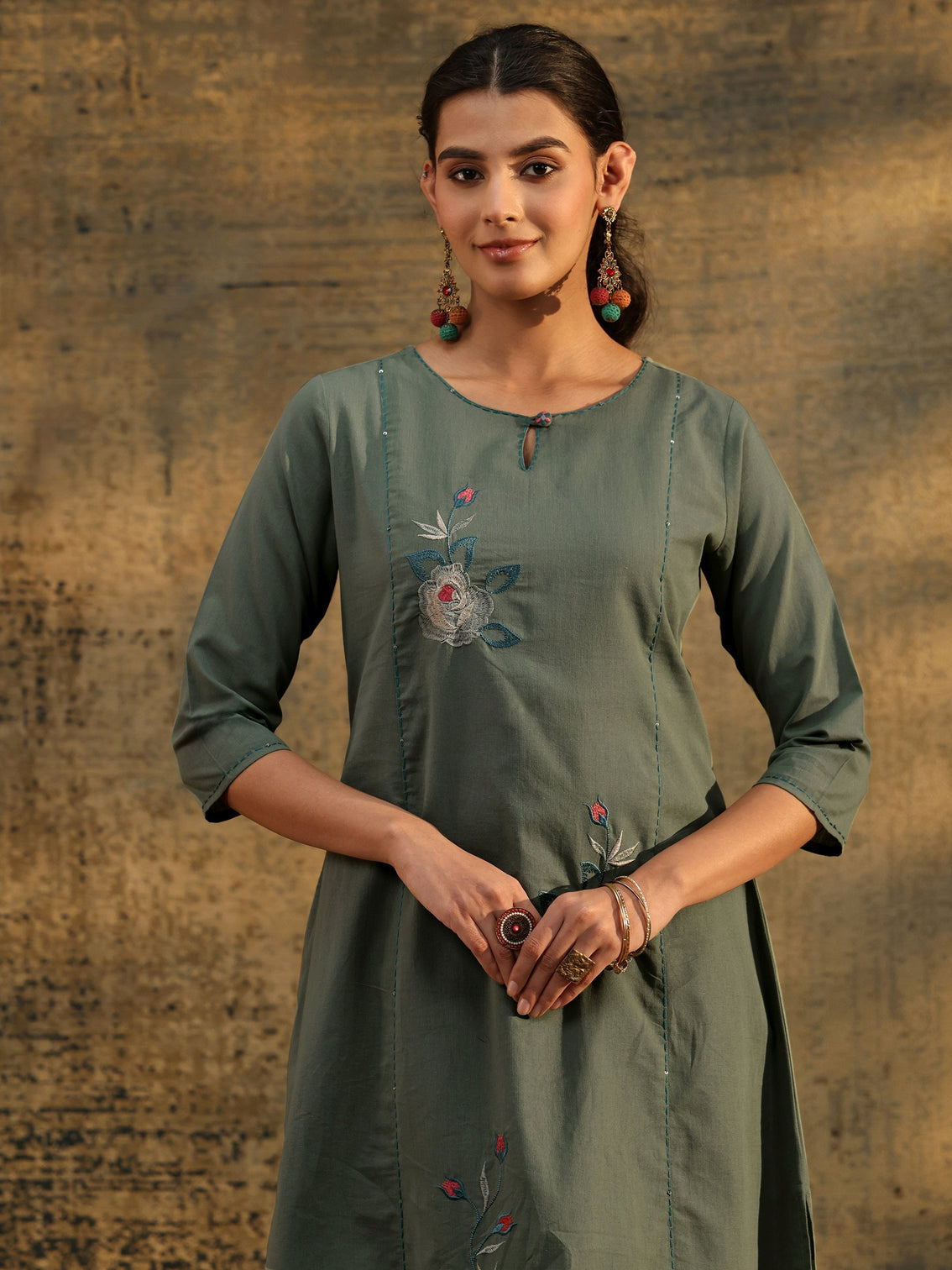 Mameraa Olive Green Floral Embroidered Cotton Co-Ord Set