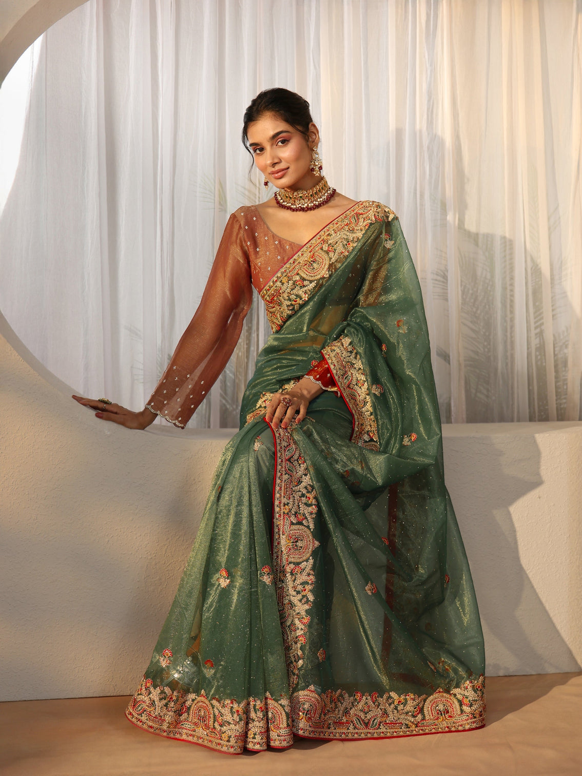 Mameraa Olive Green Floral Embroidered Net Saree