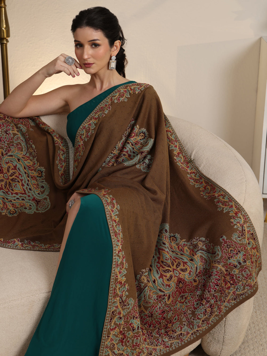 Mameraa Olive Green Floral Knitted Acrylic Wrap Shawl
