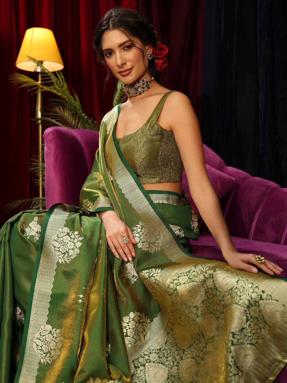 Mameraa Olive Green Floral Woven Design Satin Saree