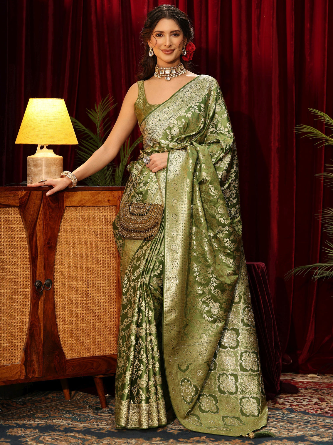 Mameraa Olive Green Floral Woven Design Silk Blend Saree