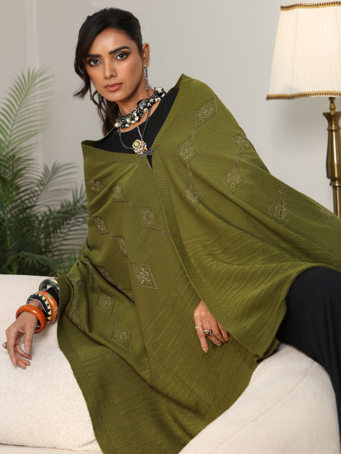 Mameraa Olive Green Knitted Acrylic Wrap Shawl