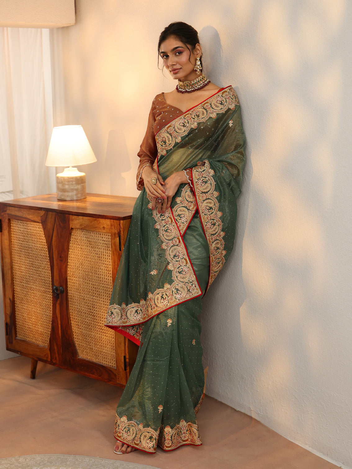 Mameraa Olive Green Net Saree with Embellished Paisley Border