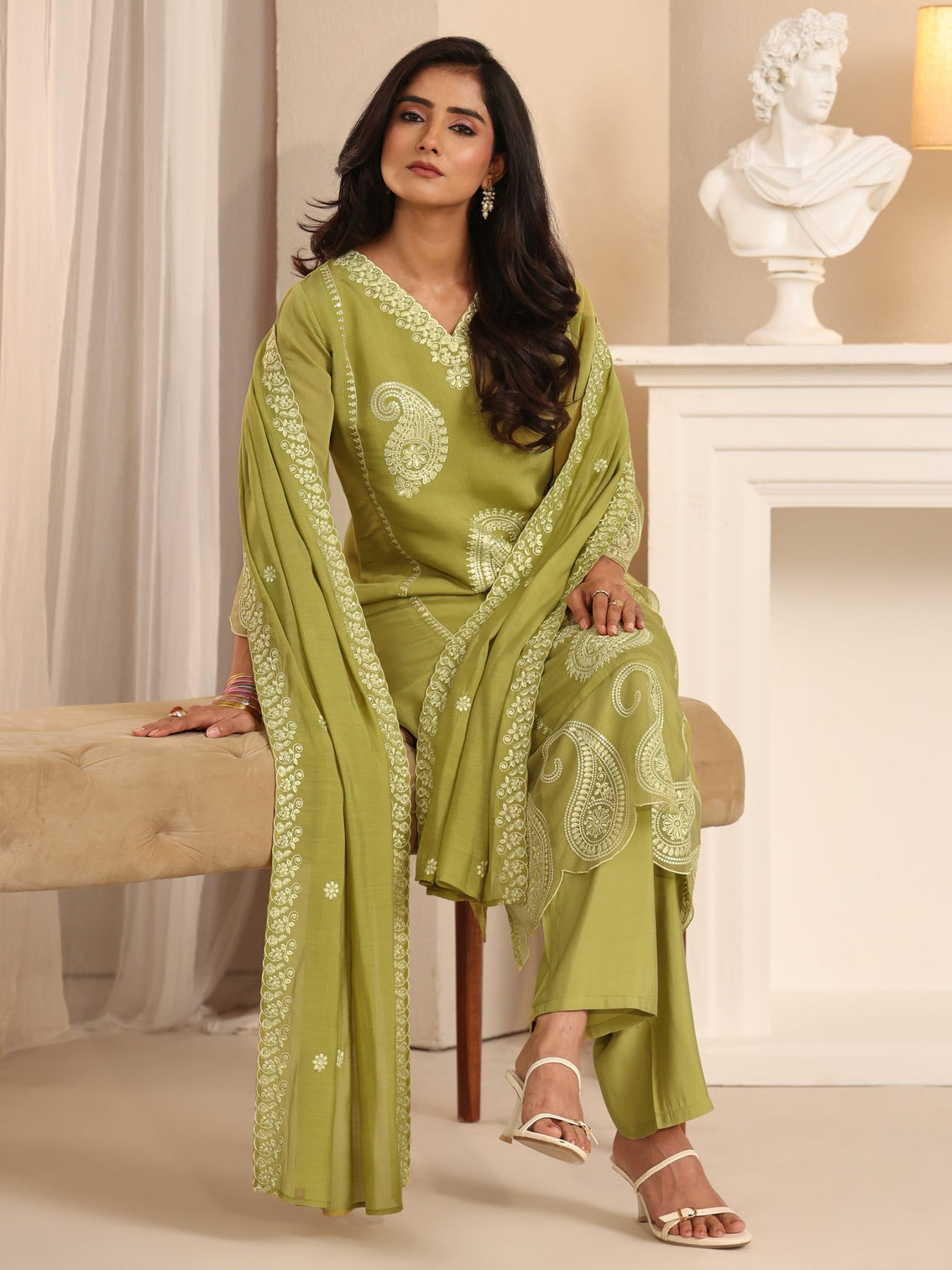 Mameraa Olive Green Paisley Embroidered Chanderi Cotton Straight Suit Set