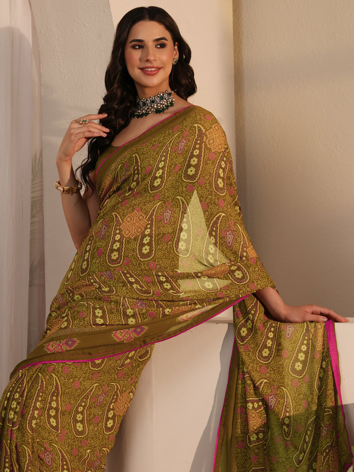 Mameraa Olive Green Paisley Printed Georgette Saree