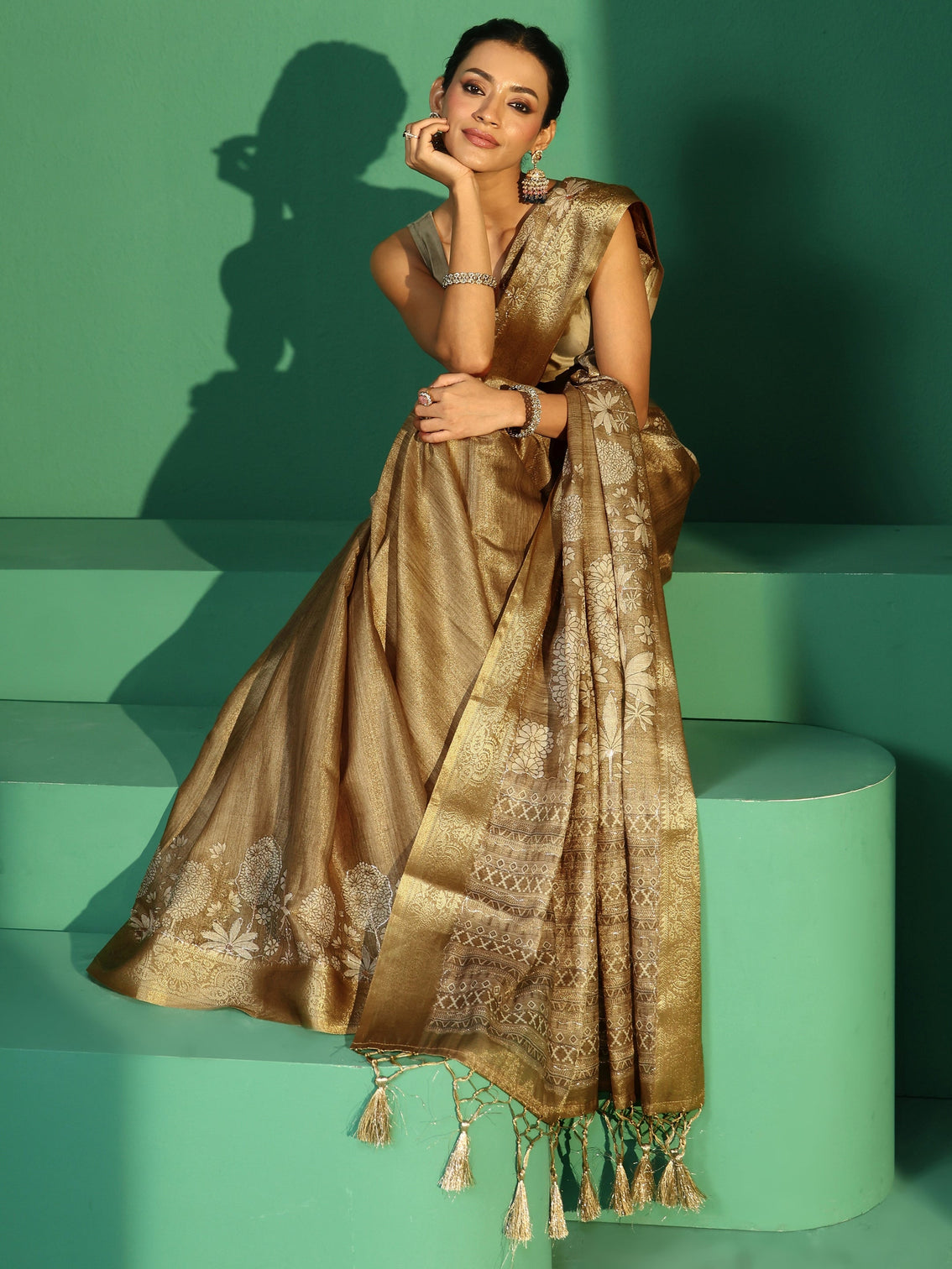 Mameraa Olive Green Pichwai Tree Print Silk Blend Saree