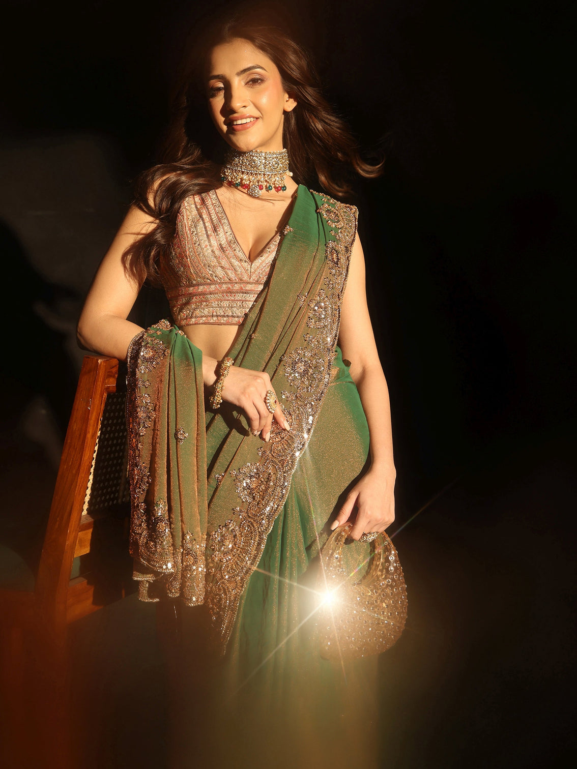 Mameraa Olive Green Sequined Tissue Saree
