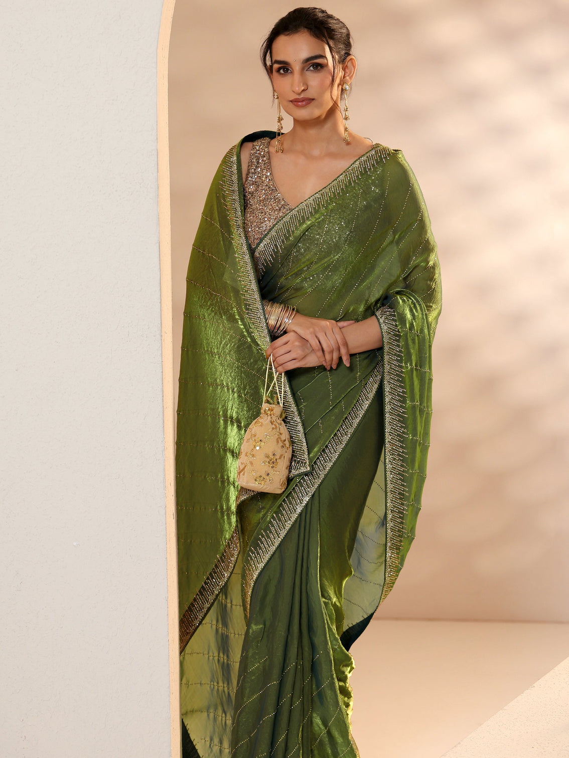 Mameraa Olive Green Stone Work Striped Embellished Tissue Saree